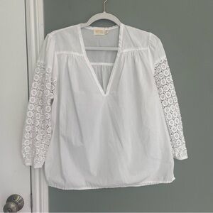 Nation LTD "Palo" Luxe 100% Pima Cotton White Crochet Sleeve Bohemian Blouse
